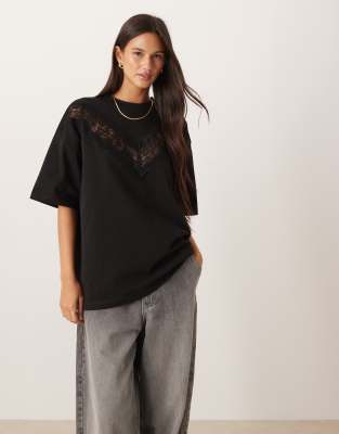 Asos Design Lace Detail Longline Heavyweight Tee In Black
