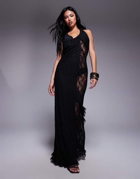 ASOS DESIGN lace detail maxi dress with asymmetric ruffles and seaming in black - view 1