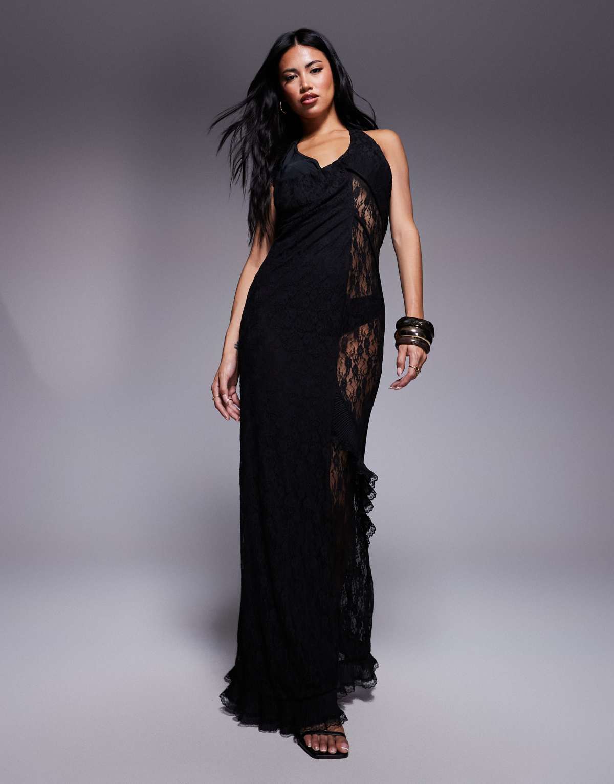 ASOS DESIGN lace detail maxi dress with asymmetric ruffles and seaming in black