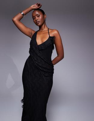 Asos Design Lace Detail Maxi Dress With Asymmetric Ruffles And Seaming In Black