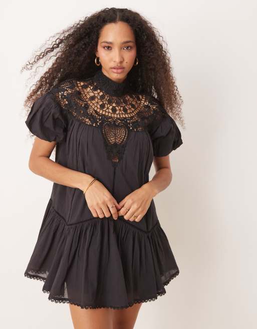 ASOS DESIGN lace detail puff sleeve mini dress in black, 2 of 4