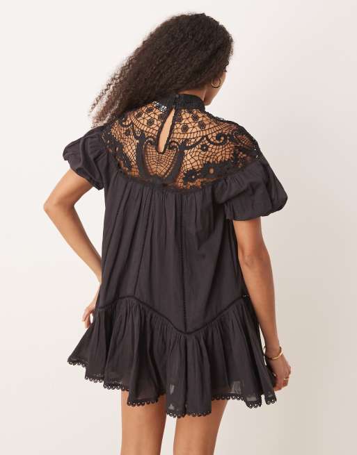 AJISAI mini frill puff OP ブラックSサイズ Puff Short Sleeve Square Neck Midi Dress – English Factory