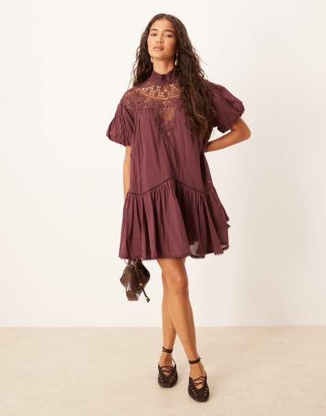 ASOS DESIGN lace detail puff sleeve mini dress in plum - view 1