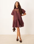 [ASOS DESIGN] ASOS DESIGN lace detail puff sleeve mini dress in plum-Black 8 plum