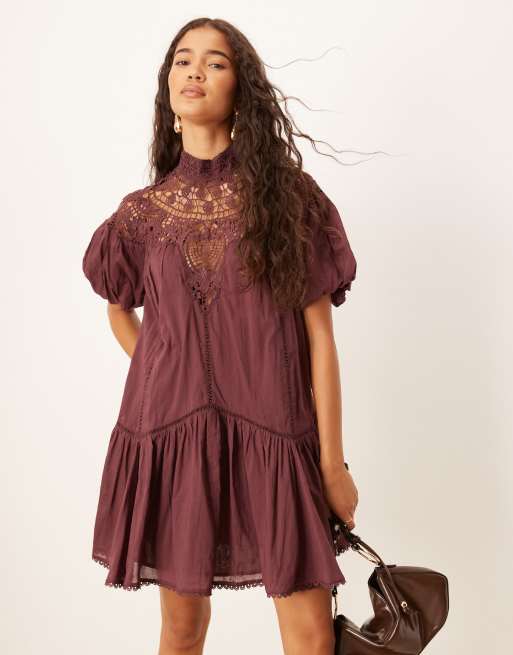 ASOS DESIGN lace detail puff sleeve mini dress in plum