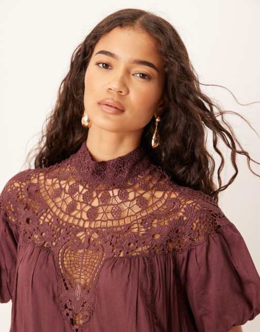 ASOS DESIGN lace detail puff sleeve mini dress in plum