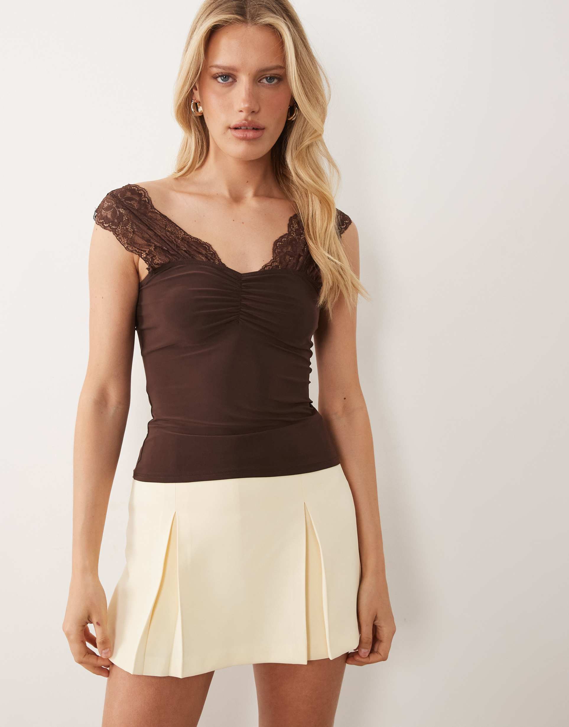 asos design lace detail top in brown