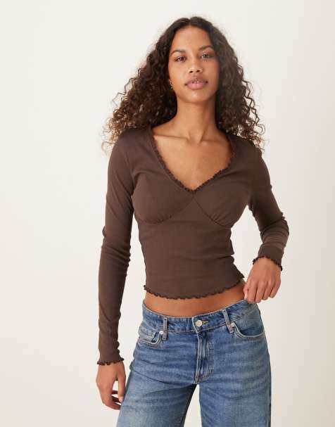 ASOS DESIGN lace detail v neck long sleeve tee in chocolate - view 1