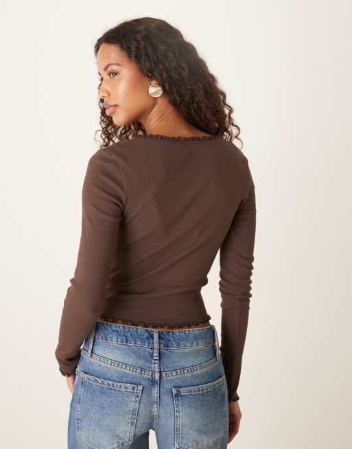 ASOS DESIGN lace detail v-neck long sleeve tee in chocolate, 4 of 4