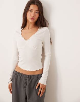 Asos Design Lace Detail V-neck Long Sleeve Tee In White