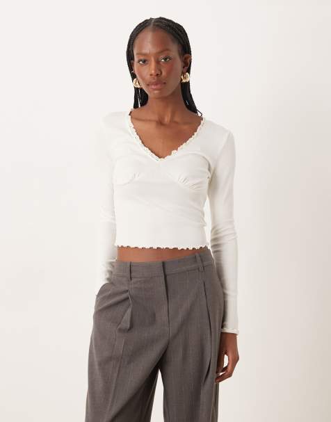 ASOS DESIGN lace detail v-neck long sleeve tee in cream - view 1