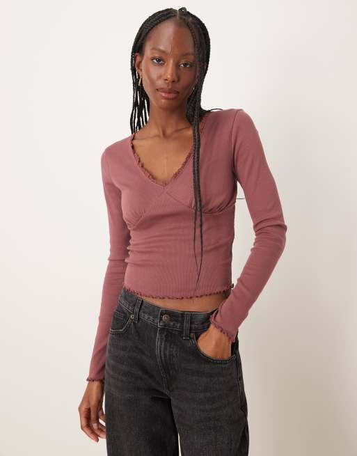 ASOS DESIGN lace detail v-neck long sleeve tee in dark rose