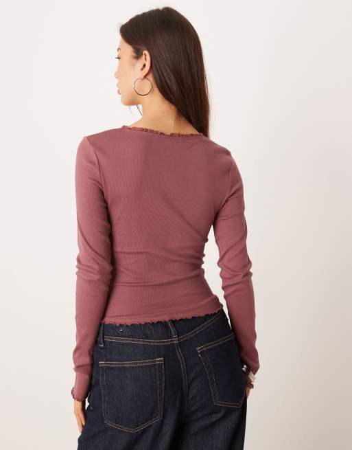 ASOS DESIGN lace detail V-neck long sleeve tee in dark rose, 4 of 4