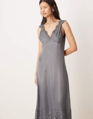 Asos Design Lace Detail V-neck Satin Maxi Dress In Gray
