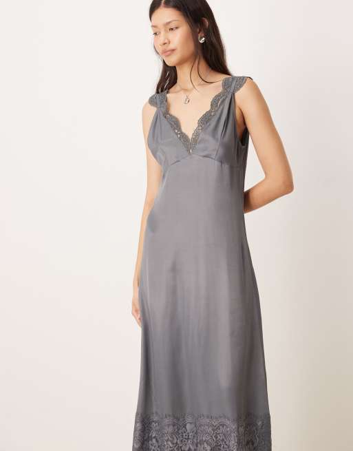 ASOS DESIGN lace detail v neck satin maxi dress in charcoal grey, 2 of 4