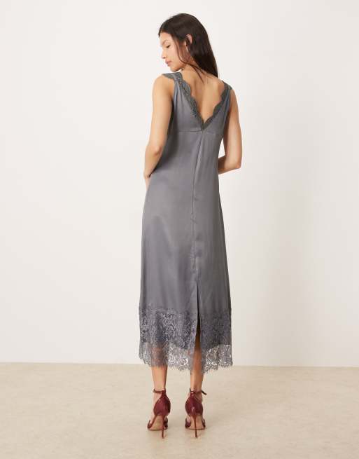 ASOS DESIGN lace detail v neck satin maxi dress in charcoal grey, 3 of 4