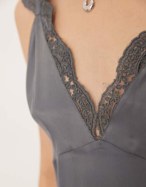 ASOS DESIGN lace detail v neck satin maxi dress in charcoal grey, 4 of 4