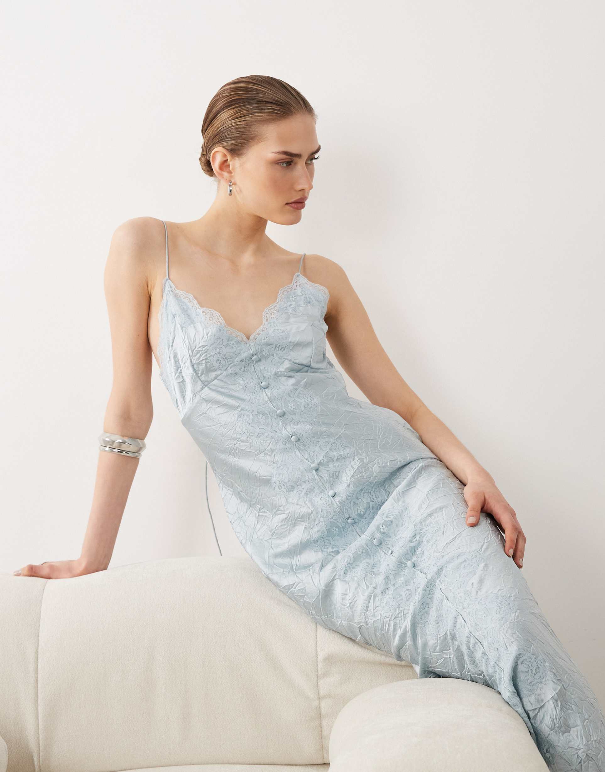 asos design lace detailing button front maxi slip dress in light blue