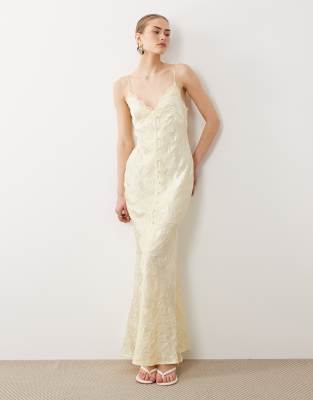 Asos Design Lace Detailing Button Front Maxi Slip Dress In Neutral