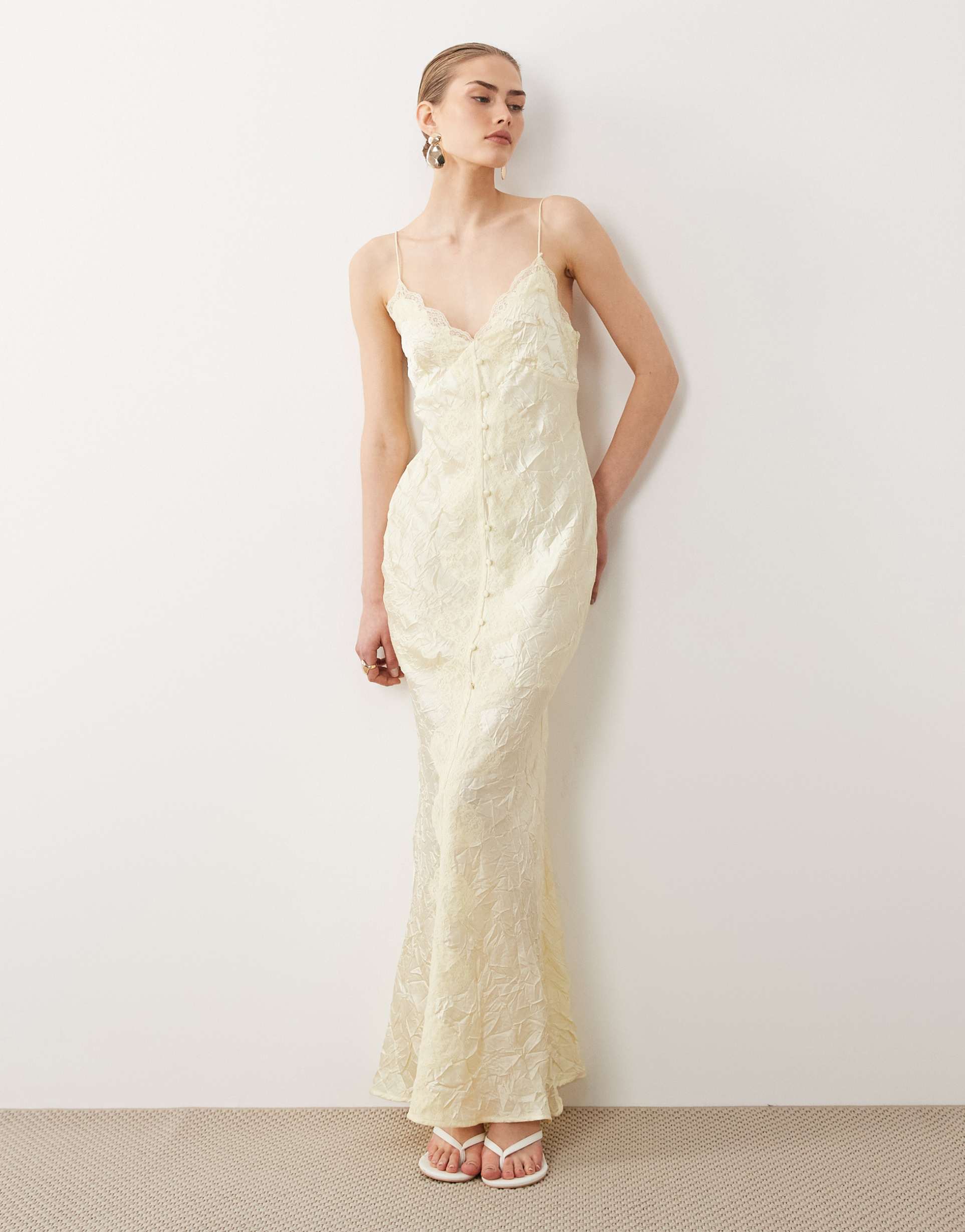 asos design lace detailing button front maxi slip dress in yellow
