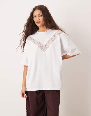 Asos Design Lace Detailing Longline Heavyweight Tee In White