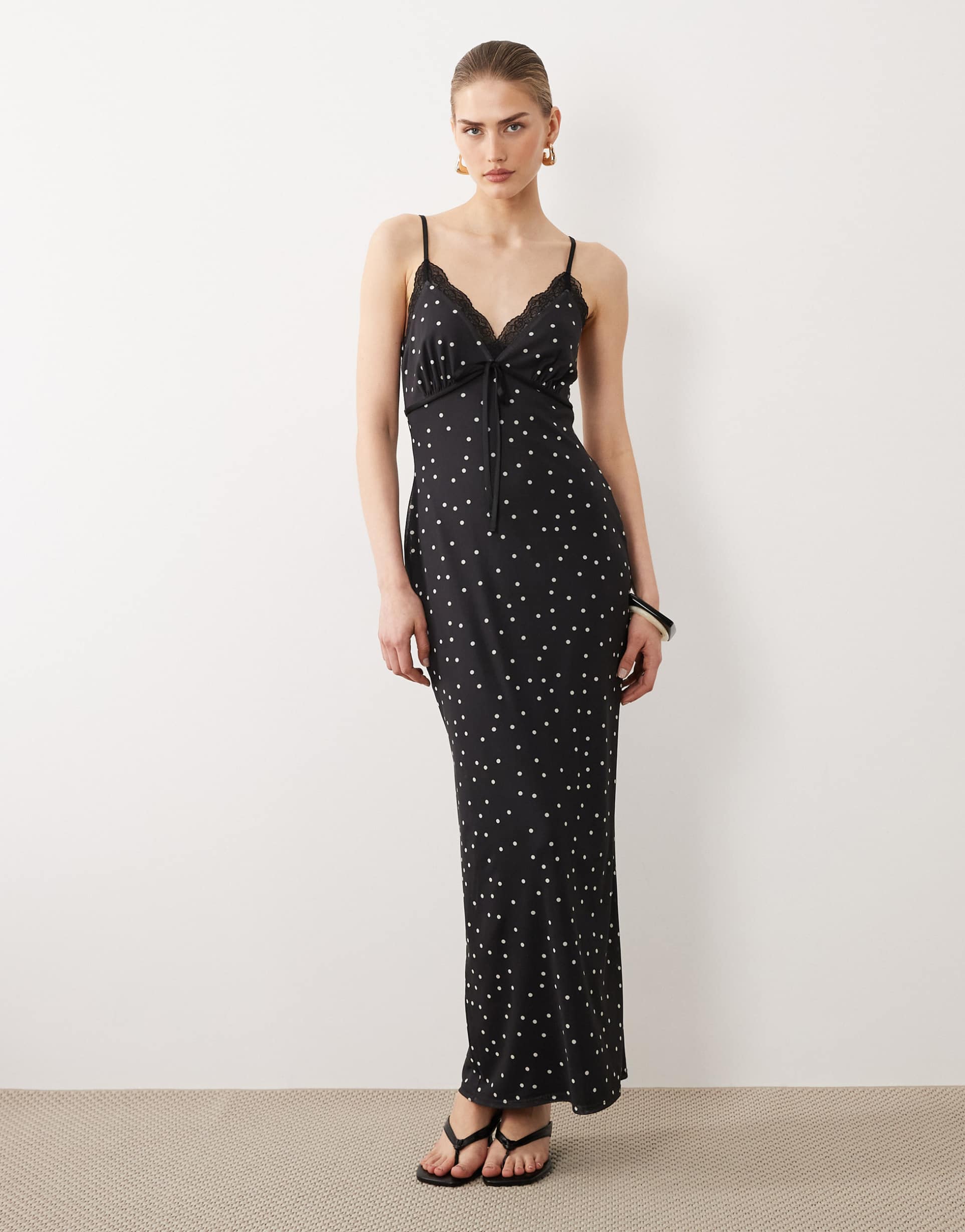 asos design lace detailing polka dot mesh cami dress