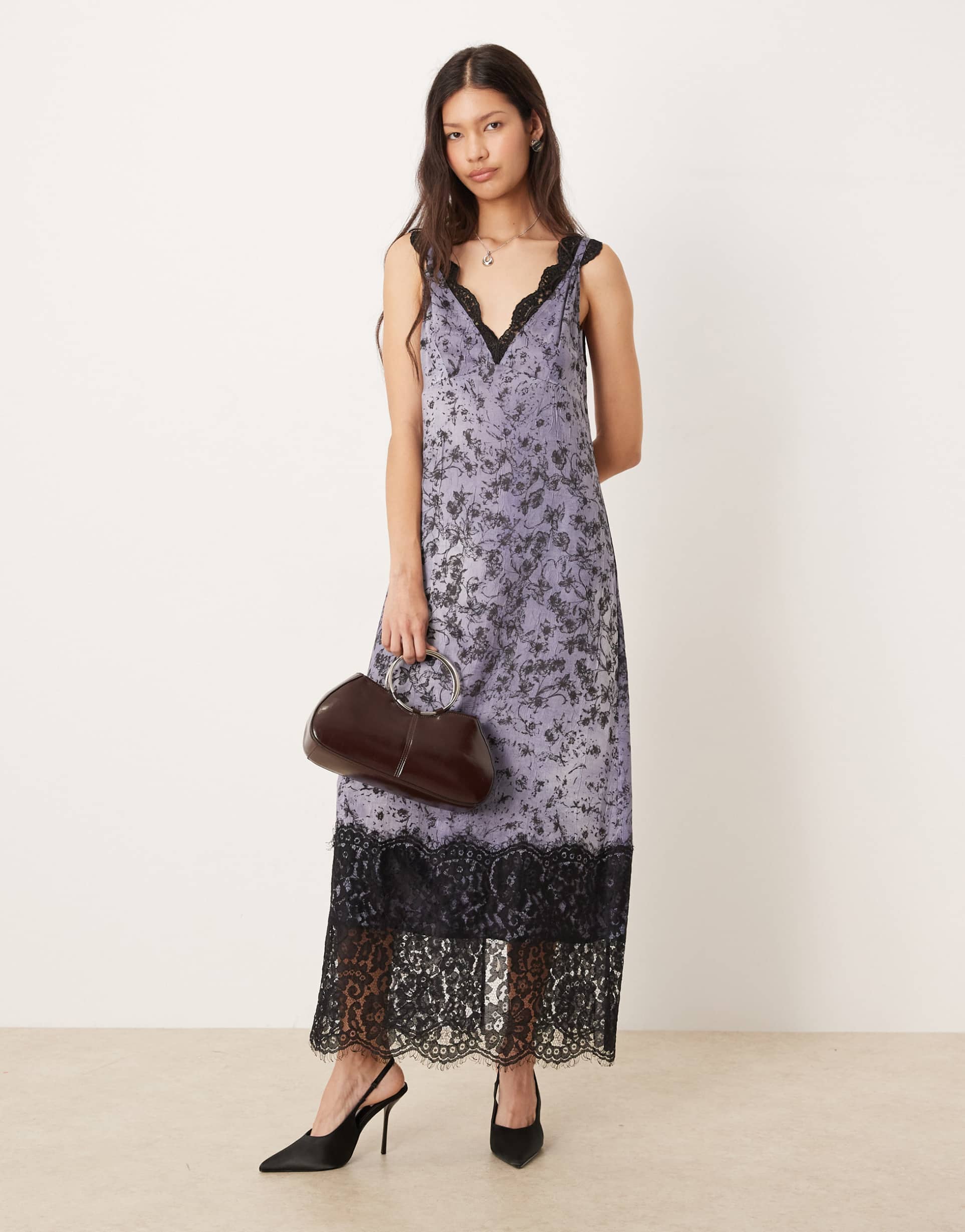 asos design lace detailing v-neck crinkle satin maxi dress in black floral