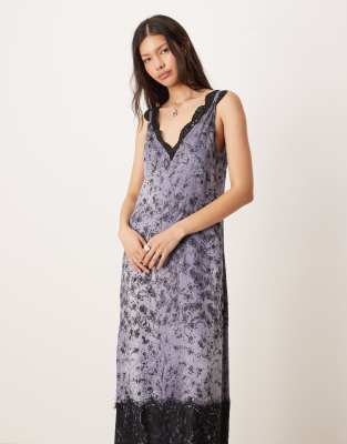 Asos Design Lace Detailing V-neck Crinkle Satin Maxi Dress In Purple