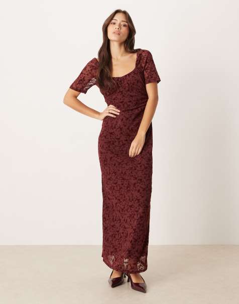 ASOS DESIGN lace devore puff sleeve midi tea dress in burgundy - view 1