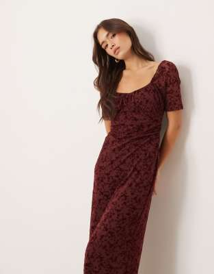 Asos Design Lace Devore Puff Sleeve Midi Tea Dress In Red