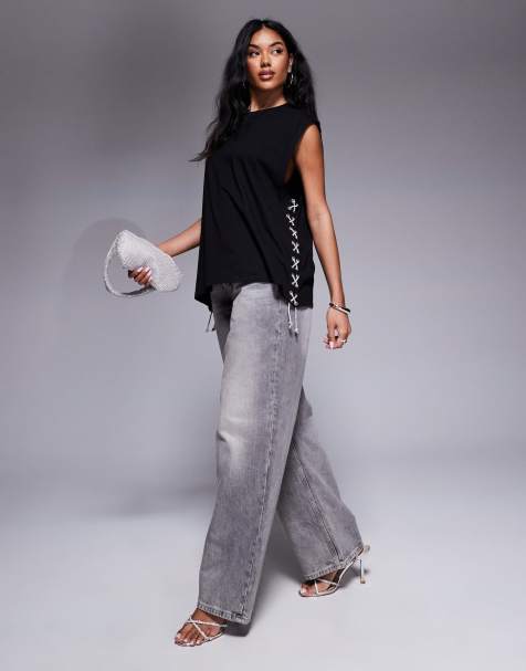 ASOS DESIGN lace diamante side vest in black