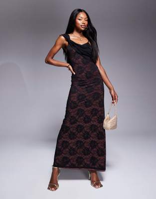 Asos Design Lace Draped Cami Maxi Dress In Pink And Black Lace Overlay