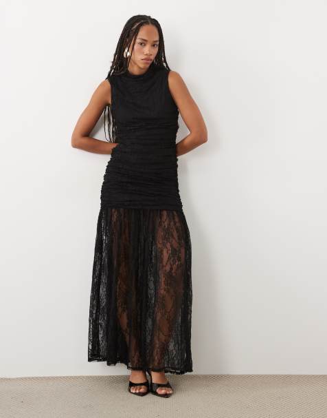 ASOS DESIGN lace drop waist circle maxi dress with grown on neck in black - view 1