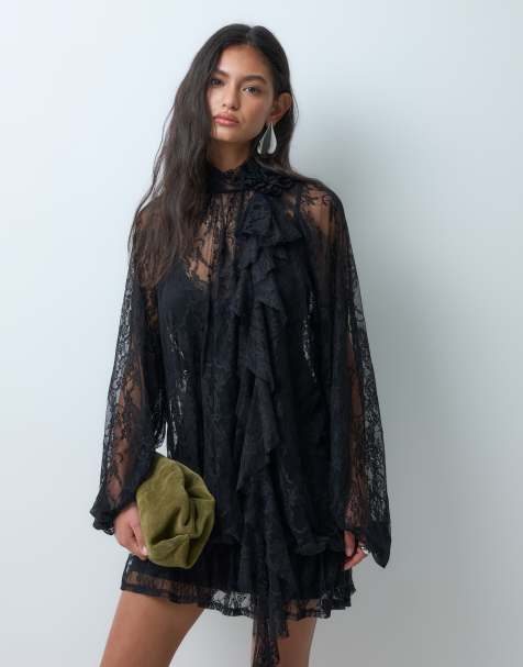 ASOS DESIGN lace dropped waist mini dress with corsage and blouson sleeve detail in black - view 1