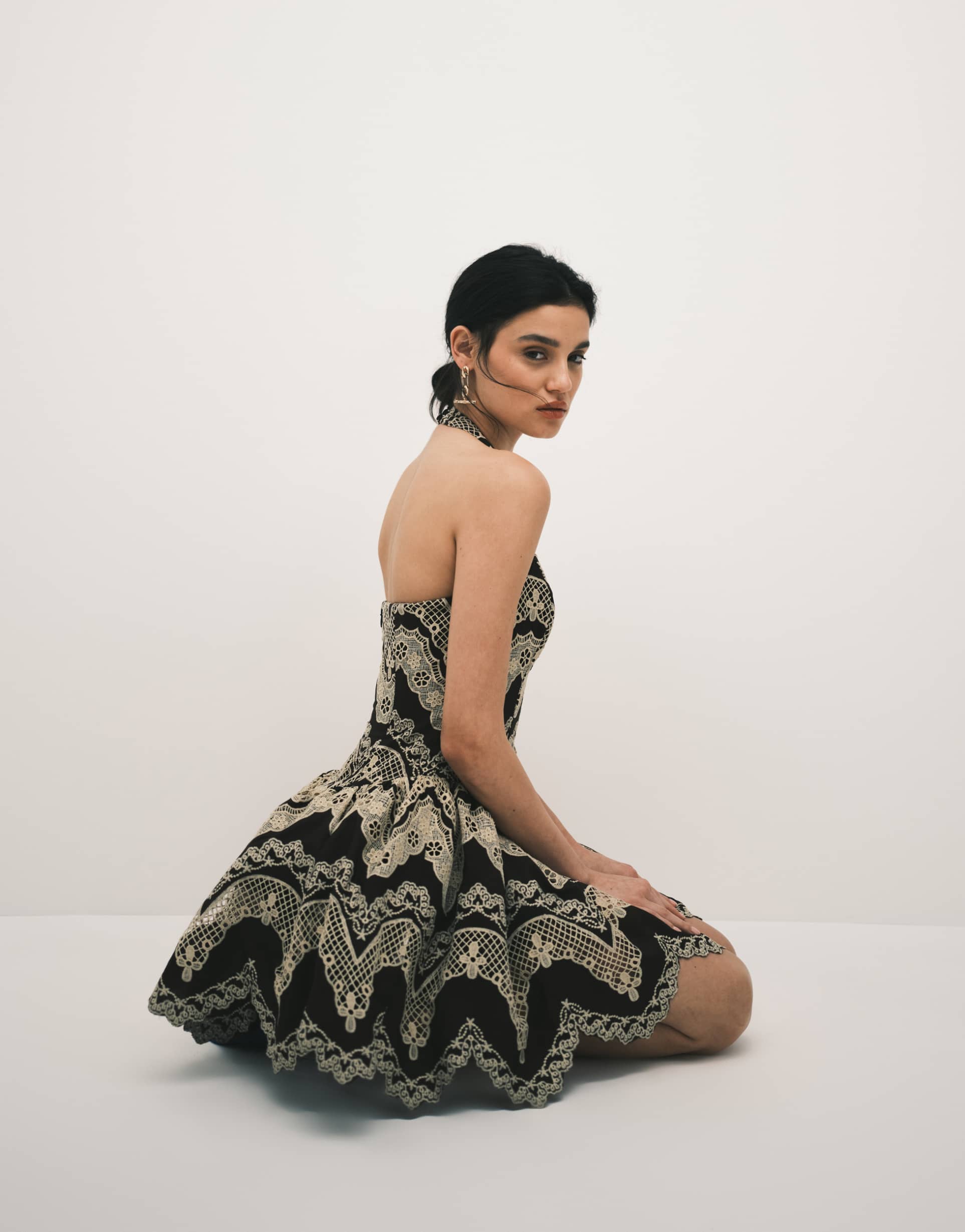 asos design lace embroidered halter neck mini dress in brown