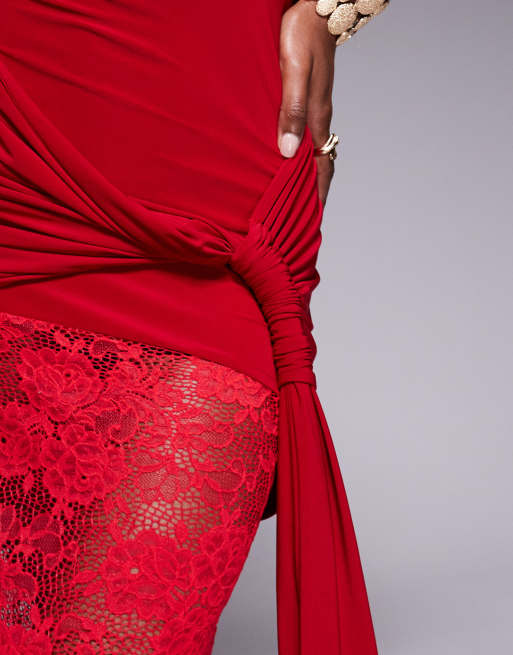 ASOS DESIGN lace/fabric mix high neck maxi dress with chunky tie waist in  red