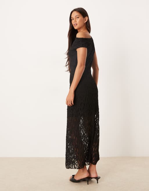 ASOS DESIGN lace fallen shoulder midi dress in black, 3 of 4