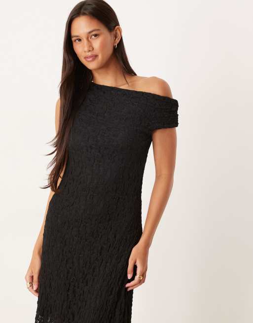 ASOS DESIGN lace fallen shoulder midi dress in black, 4 of 4