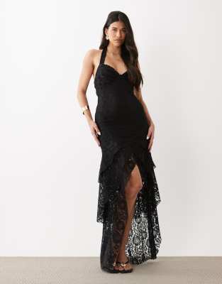 Asos Design Lace Fishtail Maxi Dress With Sweetheart Bust In Black