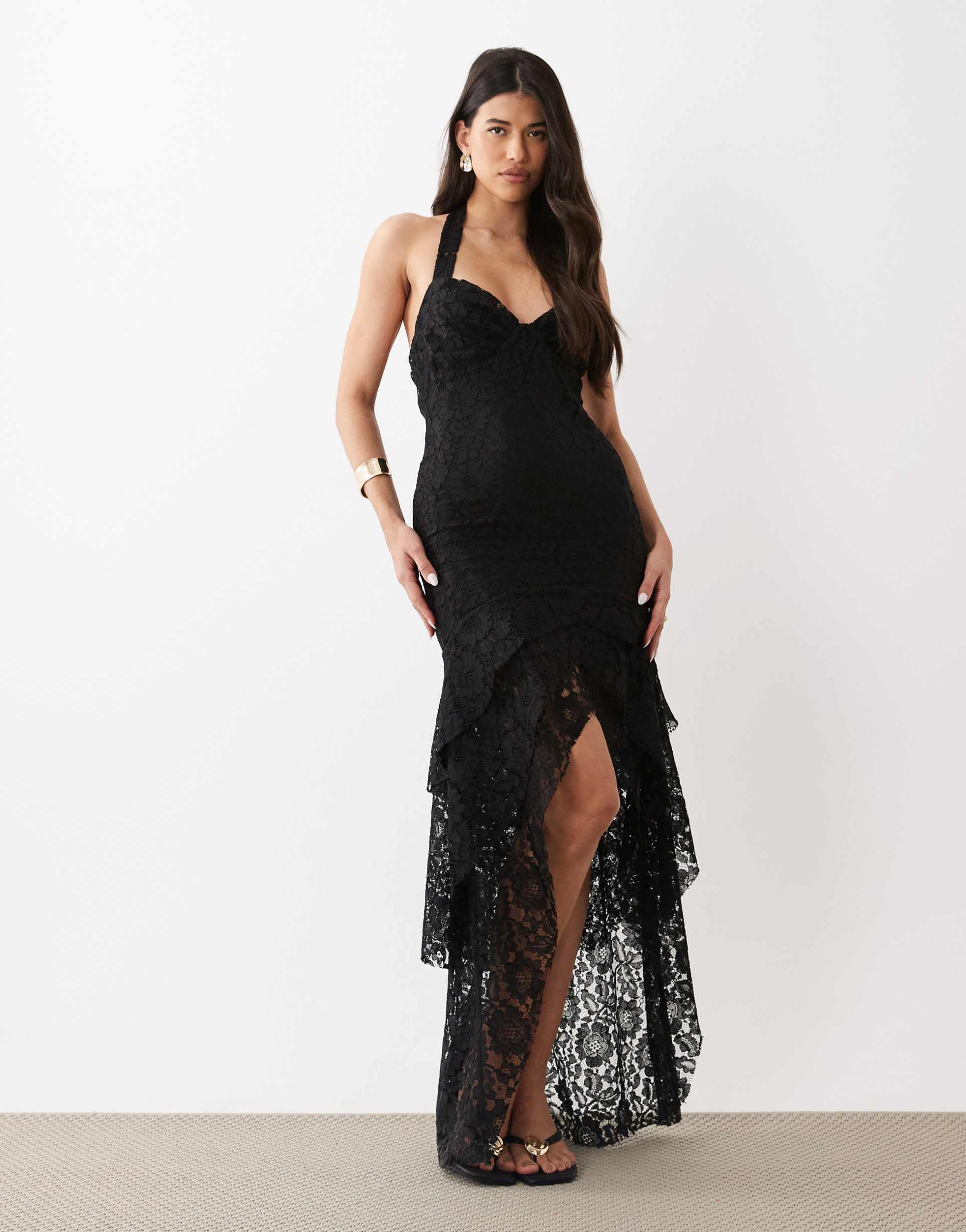 asos design lace fishtail maxi dress with sweetheart bust in black