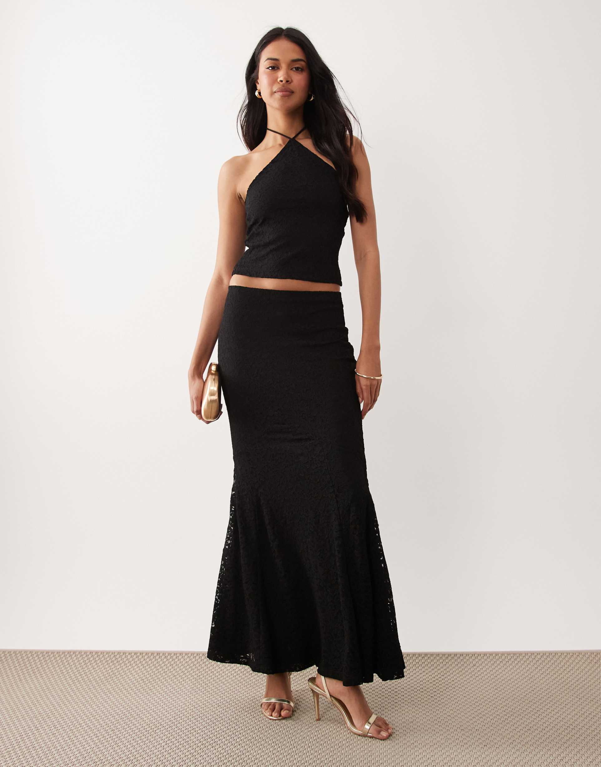 asos design lace fishtail maxi skirt in black - part of a set