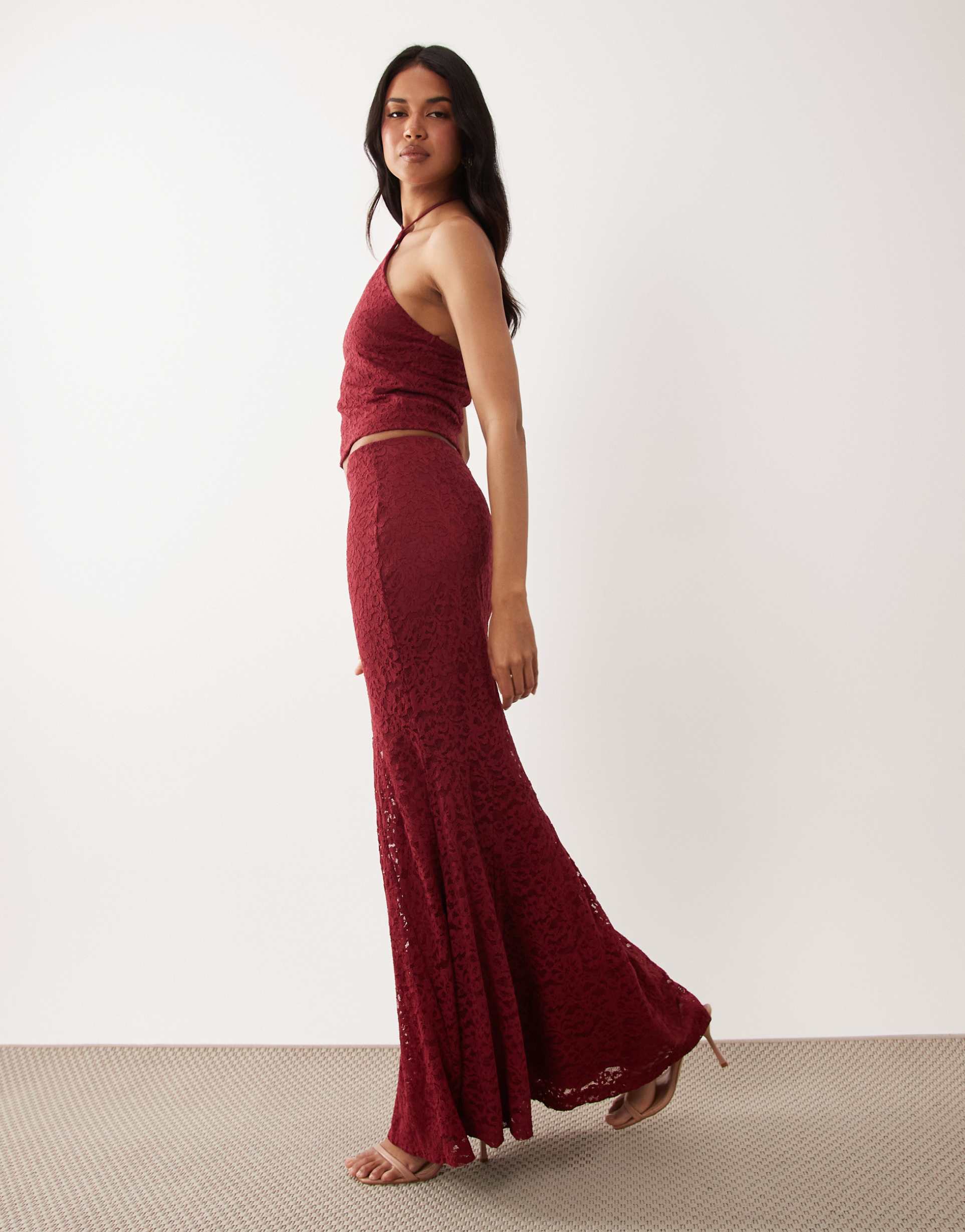 asos design lace fishtail maxi skirt in burgundy, part of a set