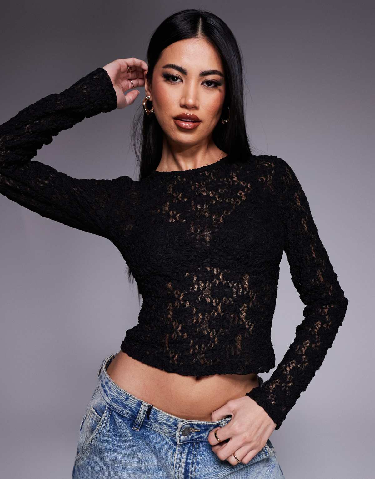 ASOS DESIGN lace fitted long sleeve crew neck top in black