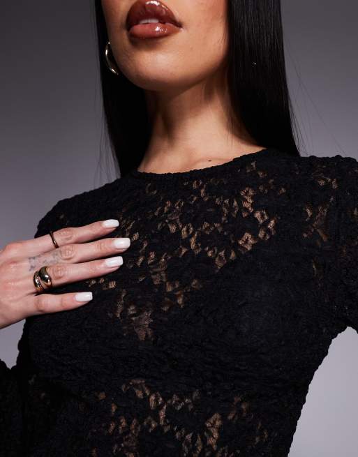 ASOS DESIGN lace fitted long sleeve crew neck top in black, 3 of 4