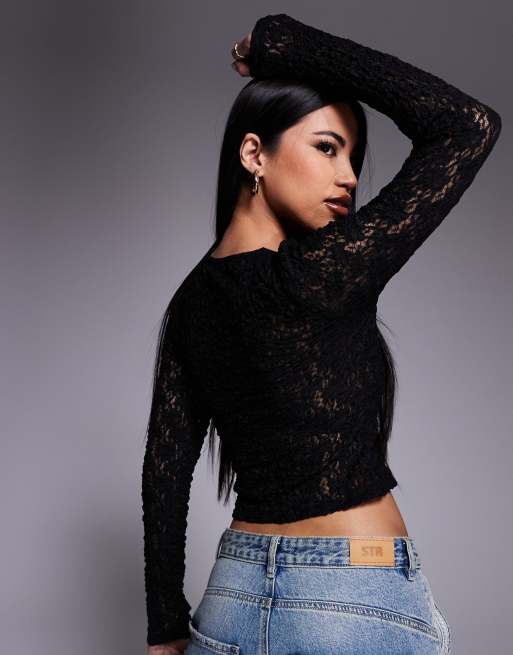 ASOS DESIGN lace fitted long sleeve crew neck top in black, 4 of 4