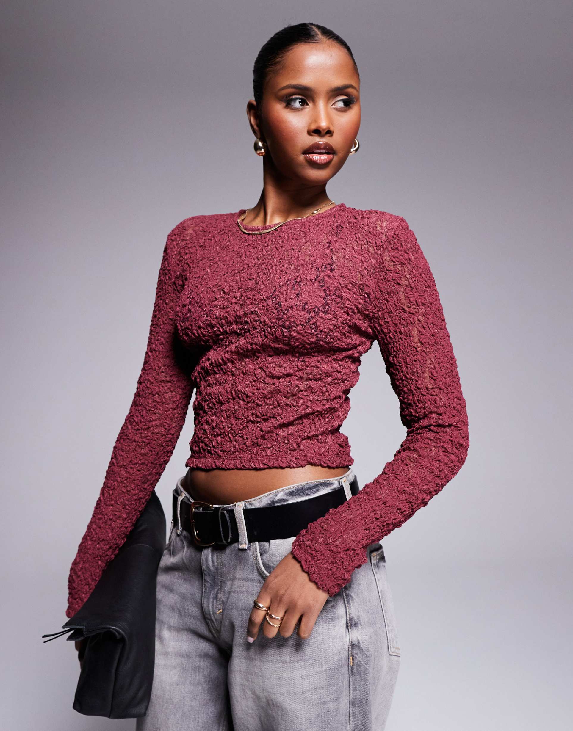 asos design lace fitted long sleeve crew neck top in burgundy