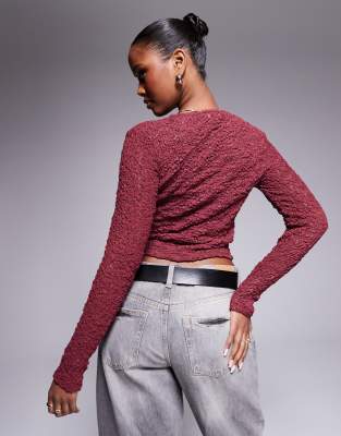Asos Design Lace Fitted Long Sleeve Crew Neck Top In Red