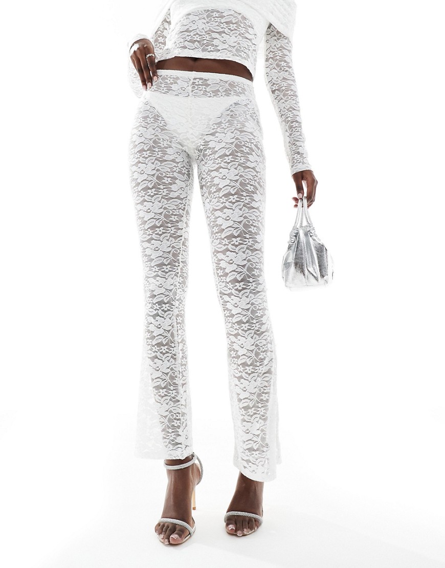Asos Design Lace Flared Pants In Ivory - Part Of A Set-white