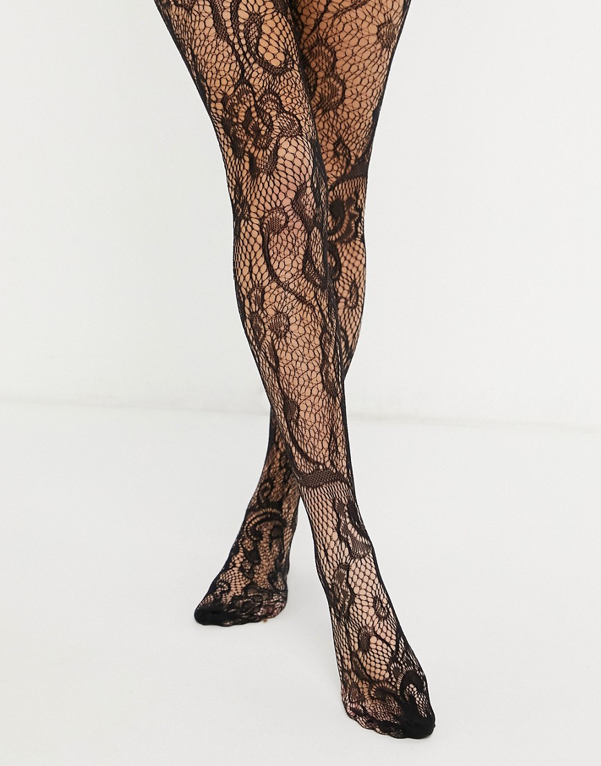 ASOS DESIGN lace floral tights in black