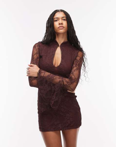 ASOS DESIGN lace fluted sleeves mini dress with mandarin collar in chocolate - view 1